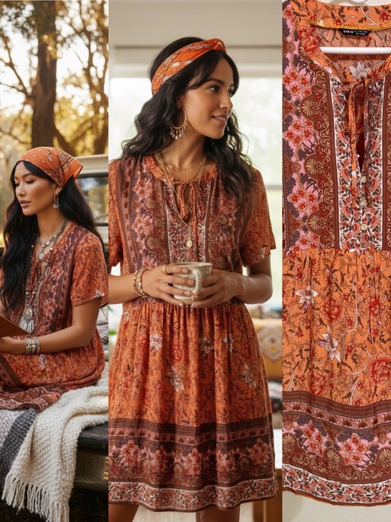 SHEIN Dresses & Skirts - Boho Mini Dress Rust Floral Paisley Cottagecore Western Festival Summer Large